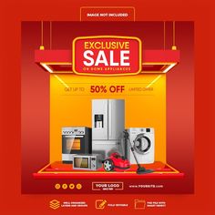 a red and yellow sale banner with appliances on the shelf in front of an orange background