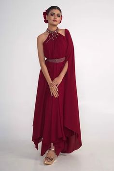 Shop for Merge Design Maroon Georgette Halter Neck Draped Dress for Women Online at Aza Fashions Evening Maxi Dress With Embroidered Neckline, Festive Evening Dress With Embroidered Neckline, Formal Embellished One Shoulder Sleeveless Dress, Embellished Sleeveless One Shoulder Formal Dress, Formal Embellished Sleeveless One Shoulder Dress, Sleeveless Georgette Maxi Dress For Cocktail, Floor-length Evening Dress With Embroidered Neckline, Embellished Sleeveless One Shoulder Cocktail Dress, Embellished One Shoulder Sleeveless Cocktail Dress