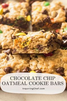 chocolate chip oatmeal cookie bars stacked on top of each other with text overlay