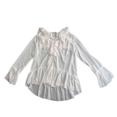 Size Xs, Brand New With Tags. Perfect As A Cover Up! Cheap Medium Wash Ruffled Tops, White Blouse With Ruffled Collar For Day Out, Spring White Blouse With Ruffle Hem, White Ruffle Hem Blouse For Spring, White Spring Blouse With Ruffle Hem, White Blouse With Ruffle Hem For Spring, Spring White Blouse With Ruffles, White Flowy Blouse With Ruffle Sleeves, White Ruffled Blouse For Spring