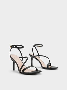 Black Asymmetric Strappy Heeled Sandals - CHARLES & KEITH US Black Heels White Background, Angel Locsin, Manifesting 2024, Black Ankle Strap Heels, Fancy Heels, Black Strap Heels, Elegant Sandals, Classy Shoes, Prom Heels