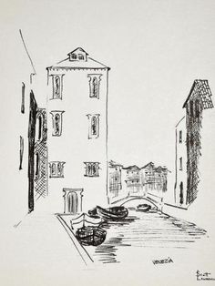 a black and white drawing of buildings on a street with boats parked in the foreground