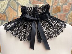 ● Black Lace Patches and Detachable Collar. ● Custom orders are welcome! ● Material: Lace, ribbon. ● Measurments: Approximately neck circumference collar height 17 cm/6.6 inches. ● Care Instructions: Hand wash gently in cool or lukewarm water and lay flat to dry. Luxury Fitted Lace Top With Lace Collar, Luxury Black Blouse With Lace Collar, Luxury Black Top With Lace Collar, Black Lace Collar, Removable Collar Outfit, Black Ribbon Choker As A Gift, Black Ribbon Choker For Gifts, Black Ribbon Choker Gift, Black Ribbon Choker For Party