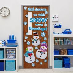 a door decorated with snowmen and sayings