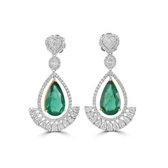 9.00 Cts Emerald and White Diamond Earring in 18K Two Tone Luxury Pear-shaped Earrings For Formal Occasions, Luxury Pear-shaped Earrings For Formal Events, Luxury Pear-shaped Chandelier Earrings For Formal Events, Luxury Pear-shaped Gemstone Diamond Earrings, Luxury Pear-shaped Diamond Earrings With Gemstones, Gia Certified Luxury Diamond Earrings For Formal Occasions, Gia Certified Drop Diamond Earrings For Formal Occasions, Luxury Gia Certified Pear-shaped Diamond Earrings, Luxury Diamond Gemstone Earrings For Formal Occasions