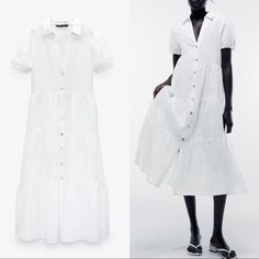 Brand New With Tags. White Summer Shirt Dress For Dress Down Occasions, Zara White Maxi Dress For Casual Occasions, White Summer Shirt Dress For Casual Wear, White Zara Maxi Dress For Casual Wear, White Summer Shirt Dress For Casual Occasions, White Midi Length Shirt Dress For Vacation, Summer White Shirt Dress For Casual Wear, Fitted White Tiered Midi Dress, Zara White Shirt Dress For Dress Down Days