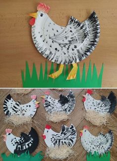 paper plate chicken craft for kids to make with grass and straw on the ground,