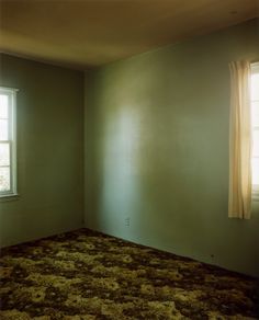 an empty room with carpet and two windows