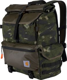 a camo backpack with an orange tag hanging from the front and back straps on it