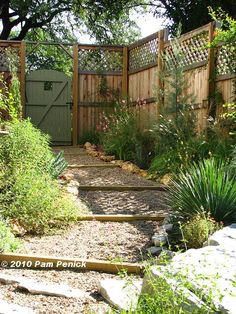 a garden with rocks and plants in the foreground, along with a wooden fence