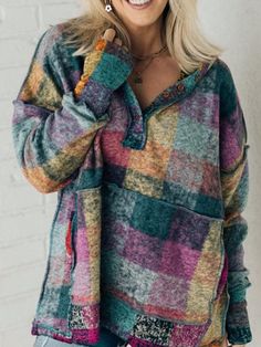 Multicolor Brushed Plaid Buttoned Pullover Oversized Hoodie Multicolor Casual  Long Sleeve Knitted Fabric Plaid Half Placket High Stretch Fall/Winter Women Clothing, size features are:Bust: ,Length: ,Sleeve Length: Loose Hoodie, Half Zip Hoodie, Exposed Seams, Nursing Friendly, Oversized Hoodie, Daily Style, Plaid Design, Hooded Pullover, Thumb Holes