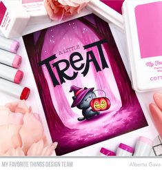 a little treat poster surrounded by makeup and other items on a pink background with flowers