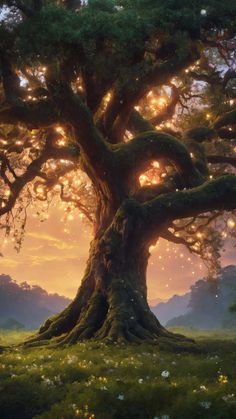 a large tree in the middle of a field with lights on it's branches