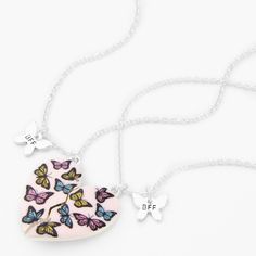 Claire's Best Friends Butterfly Split Heart 16" Pendant Necklaces - 2 Pack 3 Bff Necklaces, Best Friend Necklaces For 3 Bff, Pink Necklaces For Friendship And Mother's Day, Multicolor Heart Charm Necklace For Friendship, Multicolor Heart Necklace For Friendship, Multicolor Heart Necklaces For Friendship, Friendship Necklaces For 3 Friends Bff, Heart-shaped Multicolor Jewelry For Best Friend, Personalized Multicolor Charm Necklace For Valentine's Day