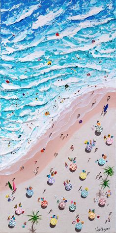 a painting of people at the beach with umbrellas and chairs in the sand by the water