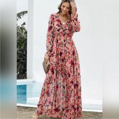 Nwot Floral Ruffled V Neck Maxi Dress Lined To Mid Thigh. Elastic Bodice With Ruffled Lining. Lightweight And Beautiful! فستان زهري, Casual Chiffon Dress, Floral Tulle Dress, Plunge Maxi Dress, Sukienki Plus Size, Chiffon Floral, Chiffon Fashion, Womens Floral Dress, Maxi Robes