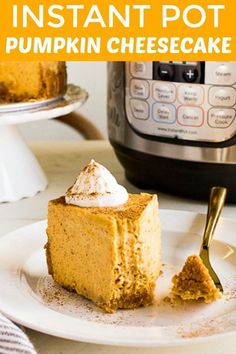 a slice of pumpkin cheesecake on a plate with the rest of the pie in front of it