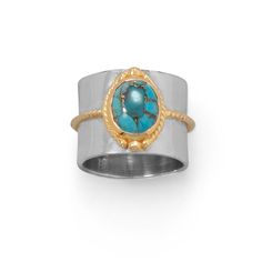 Sterling Silver Gold Plated Two Tone Turquoise Cigar Ring - Identity Diamonds Turquoise Ring Silver, Natural Stone Jewelry, Rope Design, Bracelet Argent, Sterling Silver Bands, Turquoise Gemstone, Silver Stars, Silver Turquoise, Turquoise Jewelry