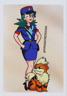 Pokemon Pinups Officer Jenny Growlithe Traditional Tattoo Flash Print. I ship worldwide. Printed on thick textured paper. Find me on Instagram @kraggybdesign Tom Cartoon, Officer Jenny, Sailor Jerry Flash, Shop Tattoo, Pokémon Art, Pokemon Tattoo, Pokemon Theme, Tattoo Flash Sheet