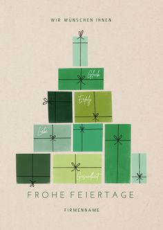 a christmas tree made out of green and blue boxes with writing on the top that reads, frohefeiertage