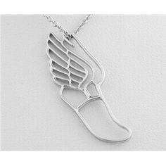 a silver necklace with an image of a shoe on the bottom and wings hanging from it