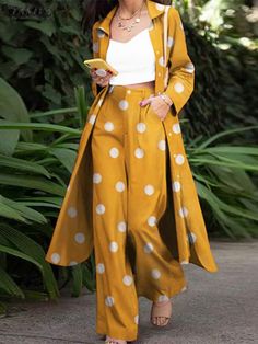 Long Sleeve Blouse Wide Leg Bohemian Polka Dot Pant Tracksuit 2PCS Set    Package included:1 Suits Women's Pantsuit, Ladies Trouser Suits, Style Wide Leg Pants, Trouser Suit, Polka Dot Pants, Elegant Office, Mini Dress Formal, Pantsuits For Women, Pant Sets