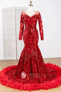 sparkly luxury unique red sequin feather long prom dress Girl Prom Dress, Feather Prom Dress, Custom Made Prom Dress, Sparkly Prom Dress, Dress Train, Prom Girl Dresses, Long Sleeve Prom, Prom Style, Sequin Prom Dresses