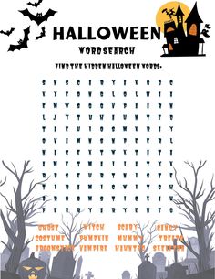 a printable halloween word search is shown in the middle of a graveyard with bats and tombstones