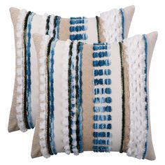 two decorative pillows with blue and white stripes