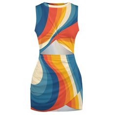 Streifenkleid, GOGO-Kleid, Cut-Out-Kleid, ärmelloses Kleid, orange-blaues Streifenkleid, Minikleid, High-Fashion-Kleid, Sexy Kleid, Kleid im Hippie-Stil

 Handgefertigt auf Bestellung, entworfen in Kalifornien, handgenäht im Ausland.

 Ich habe dies für diejenigen erstellt, die den Druck im 70er-Jahre-Stil mit einem modernen Touch lieben. Hergestellt mit einem Reißverschluss an der Seite des Kleides und dünnem Polyestermaterial, perfekt für Sommer oder Frühling. Ein supersüßer Ausschnitt über de