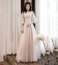 Gaun Tulle, Long Sleeve Prom Dress Lace, Prom Dress A Line, Lace Long Prom Dress, Maxi Dress Summer, A Line Evening Dress, Pink Prom Dress, Long Sleeve Prom, Long Sleeve Evening Dresses