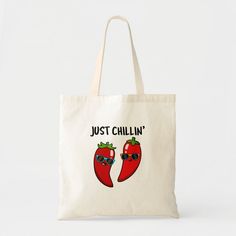 Just Chillin Cute Red Hot Chilli Peppers Pun Tote Bag Color: Natural. Gender: unisex. Age Group: adult. Plants Business, Eco Bag Design, Red Hot Chilli Peppers, Painted Canvas Bags, Handpainted Tote Bags, Fondant Flower Tutorial, Desain Tote Bag, Chilli Peppers, Funny Paintings