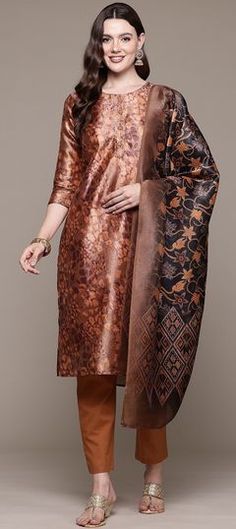 Beige and Brown color Salwar Kameez in Silk fabric with Cut Dana, Printed, Sequence work Formal Semi-stitched Jamawar Dupatta, Unstitched Elegant Brocade Salwar Kameez, Formal Jamawar Salwar Kameez With Dupatta, Elegant Unstitched Brocade Salwar Kameez, Formal Jamawar Dupatta For Eid, Art Silk Anarkali Unstitched Formal Suit, Formal Straight Kurta Churidar With Dupatta, Bollywood Style Churidar With Unstitched Blouse For Eid, Formal Churidar With Straight Kurta And Dupatta