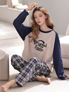 2pcs Women's Long Sleeve Sleepwear Set, Raglan Plaid & Letter Print Pajamas Beige Casual-Young    Letter,Plaid Pant Sets Medium Stretch Spring/Fall,Winter Women Sleep & Lounge, size features are:Bust: ,Length: ,Sleeve Length: One Piece Pjs, Pjs For Women, Plaid Pant, Pant Sets, Sleepwear Sets, Women Long Sleeve Tops, Raw Denim, Print Pajamas, Plaid Pants