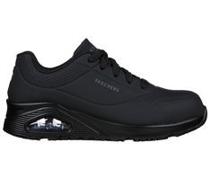 A popular work design is reinforced with added toe safety in Skechers Work : Uno SR - Deloney. This slip-resistant athletic work design features a durable perforated synthetic durabuck upper with a composite safety toe, a Skechers Air-Cooled Memory Foam insole and Skech-Air visible air-bag midsole. | Skechers Women's Work: Uno SR - Deloney Sneaker Work Design, Wide Shoes, Skechers Women, Air Bag, 4 Inch Heels, Anniversary Sale, Personal Marketing, Shopping Hacks, All Black Sneakers