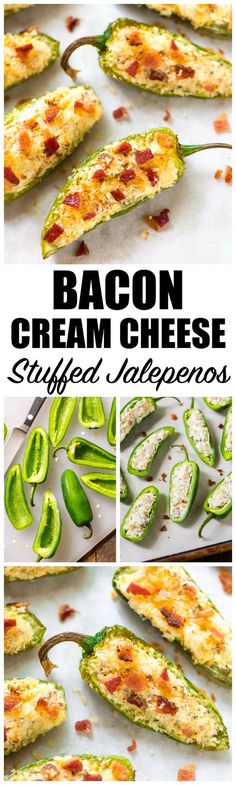 bacon cream cheese stuffed jalapenos on a baking sheet with the title above it