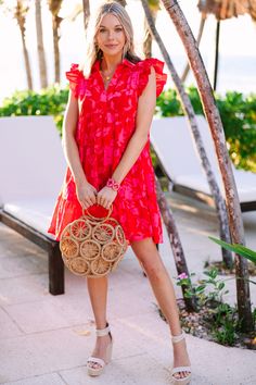 Feel your best in this sweet and girly Worth Your While Red Babydoll Dress. Featuring a floral print, babydoll silhouette and ruffled cap sleeves, you'll love the effortless style and comfortable fit of this dress. Collared v-neckline Ruffled cap sleeves Babydoll fit Floral print No stretch Cam is wearing the small. Red Flutter Sleeve Summer Dress, Red Ruffle Sleeve Summer Dress, Red Flutter Sleeve Beach Dress, Red Flutter Sleeve Dress For Beach, Red Babydoll Dress, Mint Julep Boutique, Model Fits, Babydoll Dress, Dress Accessories