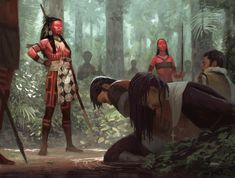 an artist's rendering of native americans in the woods with other people standing around