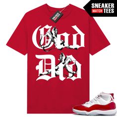 "Cherry 11s Jordan matching shirt by Sneaker Match Tees brand. Official Sneaker Match Tees shirt designed to match the Jordan 11 \"Cherry\" retro sneakers. *Sneakers are for matching purposes only, NOT included in the sale* True to size Men's shirt 100% Soft Cotton Regular Fit" Red Graphic Print Sneakers For Streetwear, Cherry 11s, Jordan 11 Cherry, Cherry Shirt, Jordan 11s, Sneaker Match Tees, Sneaker Tee, Graphic Tee Design, Latest Sneakers