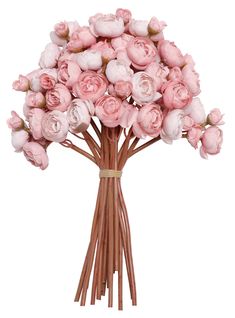 a bunch of pink flowers sitting on top of a wooden stick in front of a white background