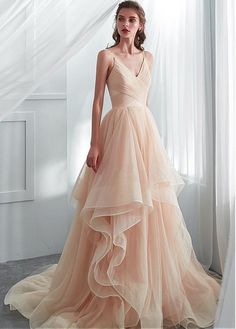 Beige Gown For Debut, Beige Wedding Dress Champagne, Dresses With Ruffles, Debut Gowns, Soiree Dress, Tulle Ball Gown