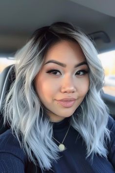 Platinum And Black Hair Short, Silver Hair On Brown Skin, Dark Shadow Root, Silver Hair Ideas, Silver Hairstyles, Platinum Pixie Cut, A Line Hair, Long Silver Hair, Long Layered Cuts