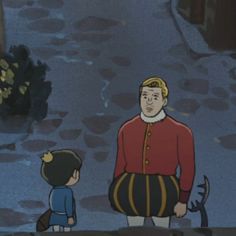 an animated image of a man standing next to a little boy in a red coat