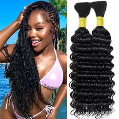 PRICES MAY VARY. Deep wave Bulk Human Hair for Micro Braiding No Weft is made with 100% Raw and Unprocessed 12A Brazilian Virgin Human Hair. Cut off from one Young Donor Directly. Full Cuticle Intact and Aligned in the same direction.It's clean and soft, natural and healthy, bouncy and glossy, full and thick. Hair Quality: Deep Wave Bulk Human Hair for Micro Braids can be bleached, dyed, permed and styled; Longevity; Pre-Stretched Smooth ends; No Tangle & No Shedding; No Smell ; After being brai Human Hair Braiding Hair, Braids Small, Wavy Hair With Braid, Boho Box Braids, Human Hair For Braiding, Head Braid, Braids Goddess, Braids Boho, Braids Knotless