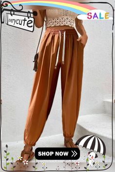 Women's Pants Casual Elastic Waist Tie Pocket Harem Pants Spring Non-stretch Harem Pants With Pockets, Non-stretch Summer Harem Pants With Side Pockets, High-waist Loose Fit Harem Pants With Side Pockets, High-waisted Khaki Harem Pants With Elastic Waistband, Yellow Ankle-length Harem Pants With Pockets, Pants Casual, Women Pants Casual, Women's Pants, Waist Tie