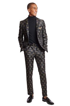 A black bee print distinguishes this Grosvenor Jacket from the rest. If you are seeking to make a fashion statement, this tuxedo jacket is the perfect choice for you. Aside from turning heads at any event, it will also become the talk of the party. Wear it with the matching pants and a satin bow tie to give it a polished appearance.PRODUCT DETAILS: style 6464J slim fit suit jacket 1 button jacket peak lapel complimentary pocket square side vents 100% polyester dry clean only imported Fall Suit, Black Bee, Formal Pants, Bee Print, Peak Lapel, Tuxedo Jacket, Slim Fit Suit, Button Jacket, The Talk