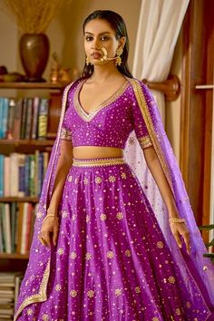 Purple attached cancan lehenga with nakshi, zardozi embroidery in floral pattern. Paired with V neck embroidered padded blouse and dupatta. - Aza Fashions Designer Fitted Meenakari Choli, Purple Meenakari Sets For Diwali, Purple Meenakari Lehenga For Navratri, Fitted Meenakari Lehenga For Reception, Purple Chanderi Lehenga With Gota Work, Fitted Chanderi Sharara With Meenakari Details, Fitted Chanderi Sharara With Meenakari, Festive Purple Lehenga With Meenakari, Festive Purple Meenakari Lehenga