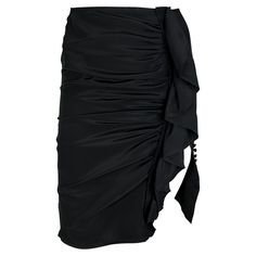 Presenting an incredible black silk Yves Saint Laurent Rive Gauche skirt designed by Tom Ford. From the early 2000s, this skirt features ruching at the front, a vertical ruffle detail, and a top-to-bottom button closure. Add this fabulous and adjustable Y2K skirt to your wardrobe! Approximate measurements: Size - 36FR Waistband to hem: 21" Waist: 25" Hips: 33" Approximate Measurements: Size - 36FR Length: 21": Waist: 25" Hips: 33" Elegant Ruched Skirt For Formal Occasions, Elegant Evening Skirt With Folds, Evening Silk Skirt With Ruffles, Silk Ruffle Skirt For Evening, Elegant Folded Skirt For Night Out, Elegant Skirt With Folds For Night Out, Elegant Party Bottoms With Folds, Elegant Formal Bottoms With Ruffles, Formal Silk Skirt With Ruffles