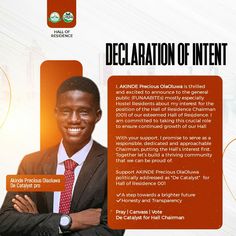 a man wearing a suit and tie standing in front of an orange background with the words declaration of intent