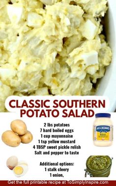 an advertisement for the southern potato salad with instructions to make it and how to use it